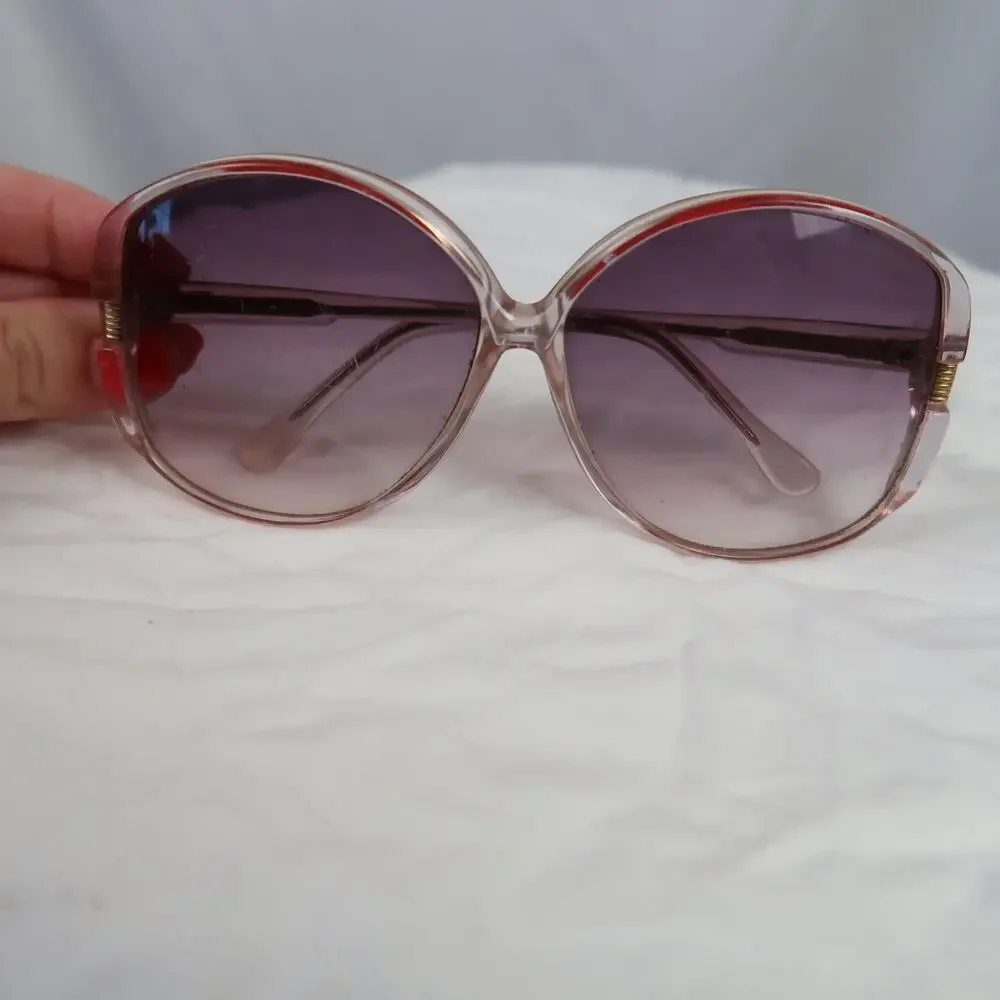 Vintage 80s Clear and Red Large Bug Eye Frame Sunglasses Ombre Lens